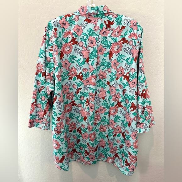 LANDS’ END Floral Button-Down Shirt Aqua Pink Red Print 100% Cotton | 22W - Picture 5 of 8